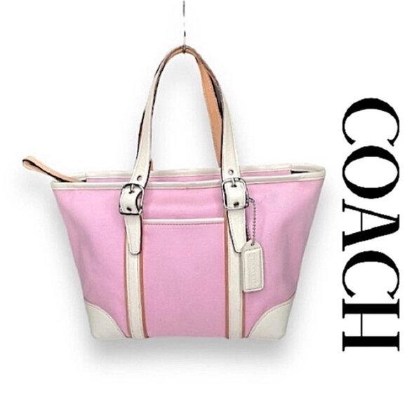 Euc Vintage Coach Hampton Pink & White Leather Shoulder Bag Tote Purse - Picture 1 of 16